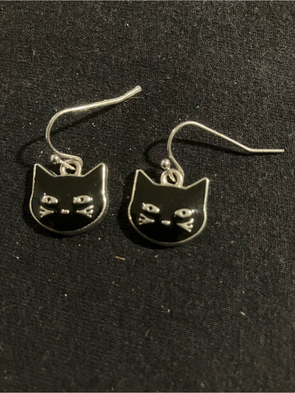 Black Cat Dangle Earrings - Silver Trim